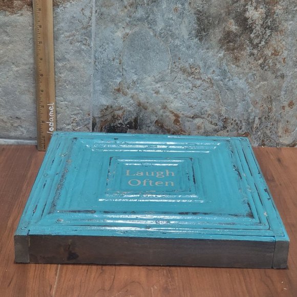 Turquoise Distressed Laugh Often Tin Metal on Wood Frame Hanging Wall Decor - Picture 9 of 11